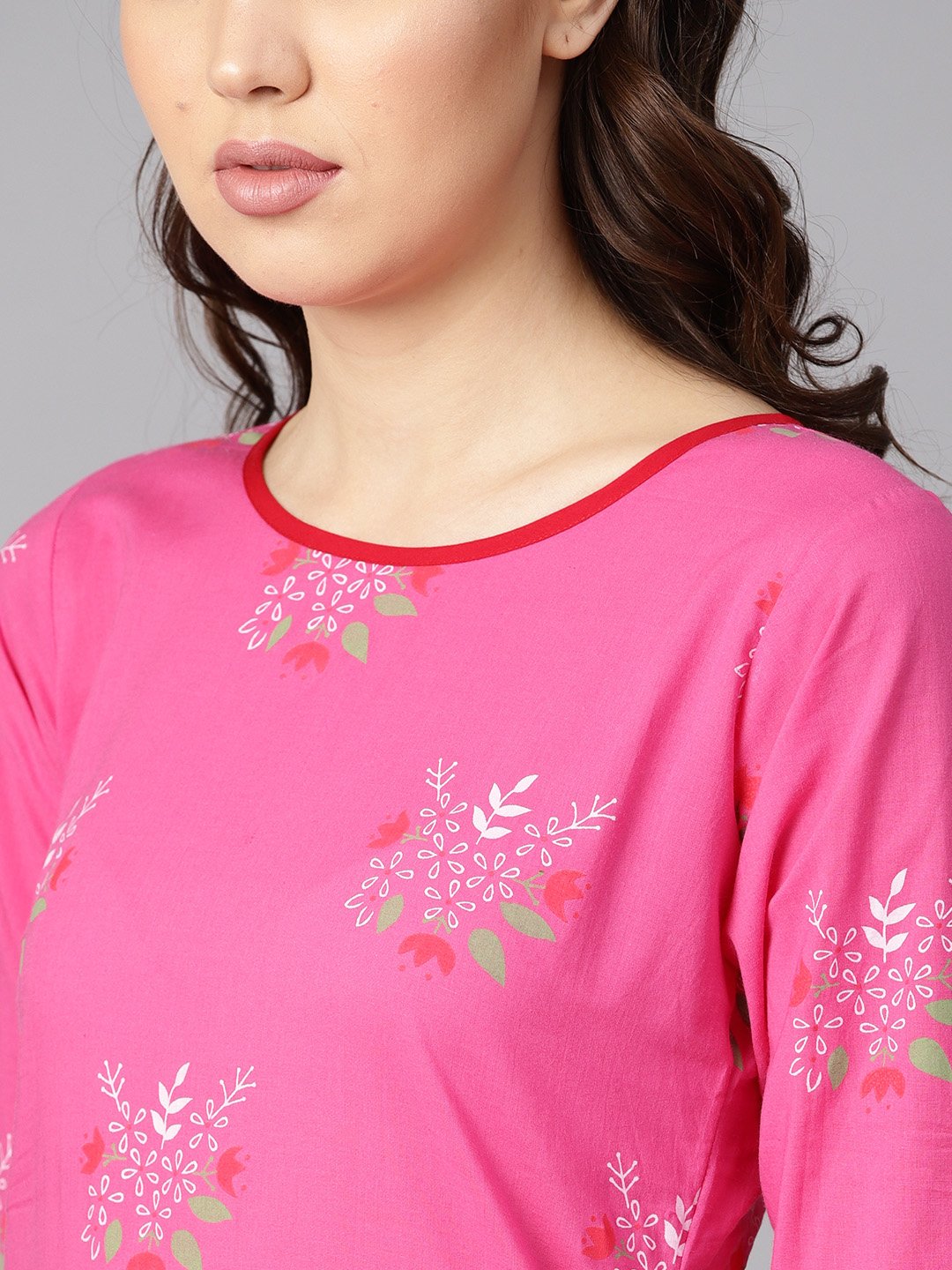 Pink Round Neck Floral Printed Cotton Straight Kurta | LASVINI - Redefining Indian Fashion with Elegance