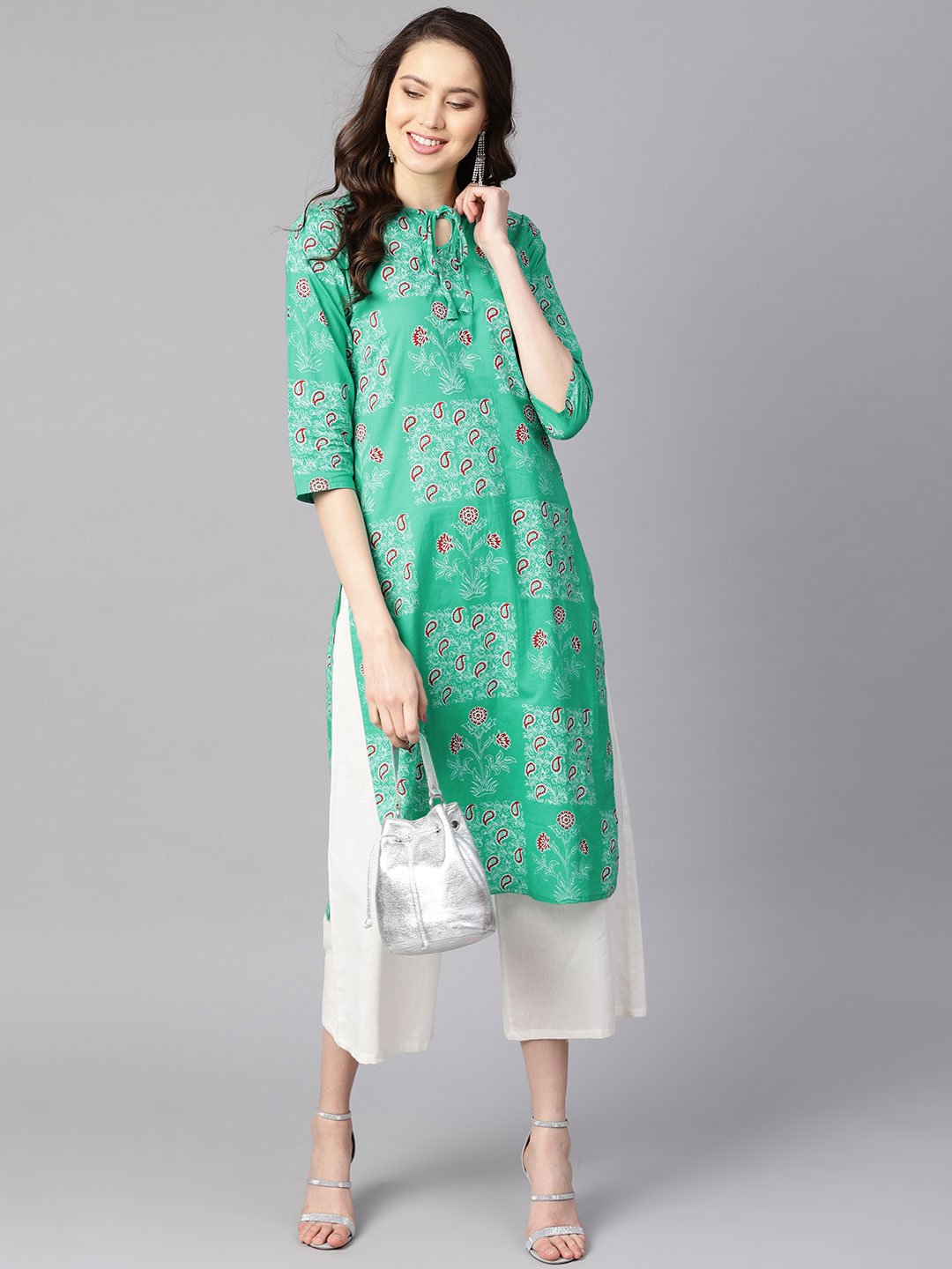 Rama Green Floral Print Round Neck With Keyhole Tassel Kurta | LASVINI - Redefining Indian Fashion with Elegance