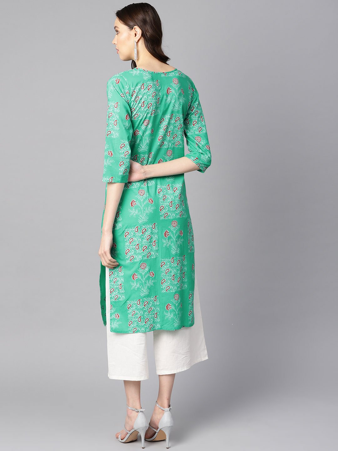Rama Green Floral Print Round Neck With Keyhole Tassel Kurta | LASVINI - Redefining Indian Fashion with Elegance