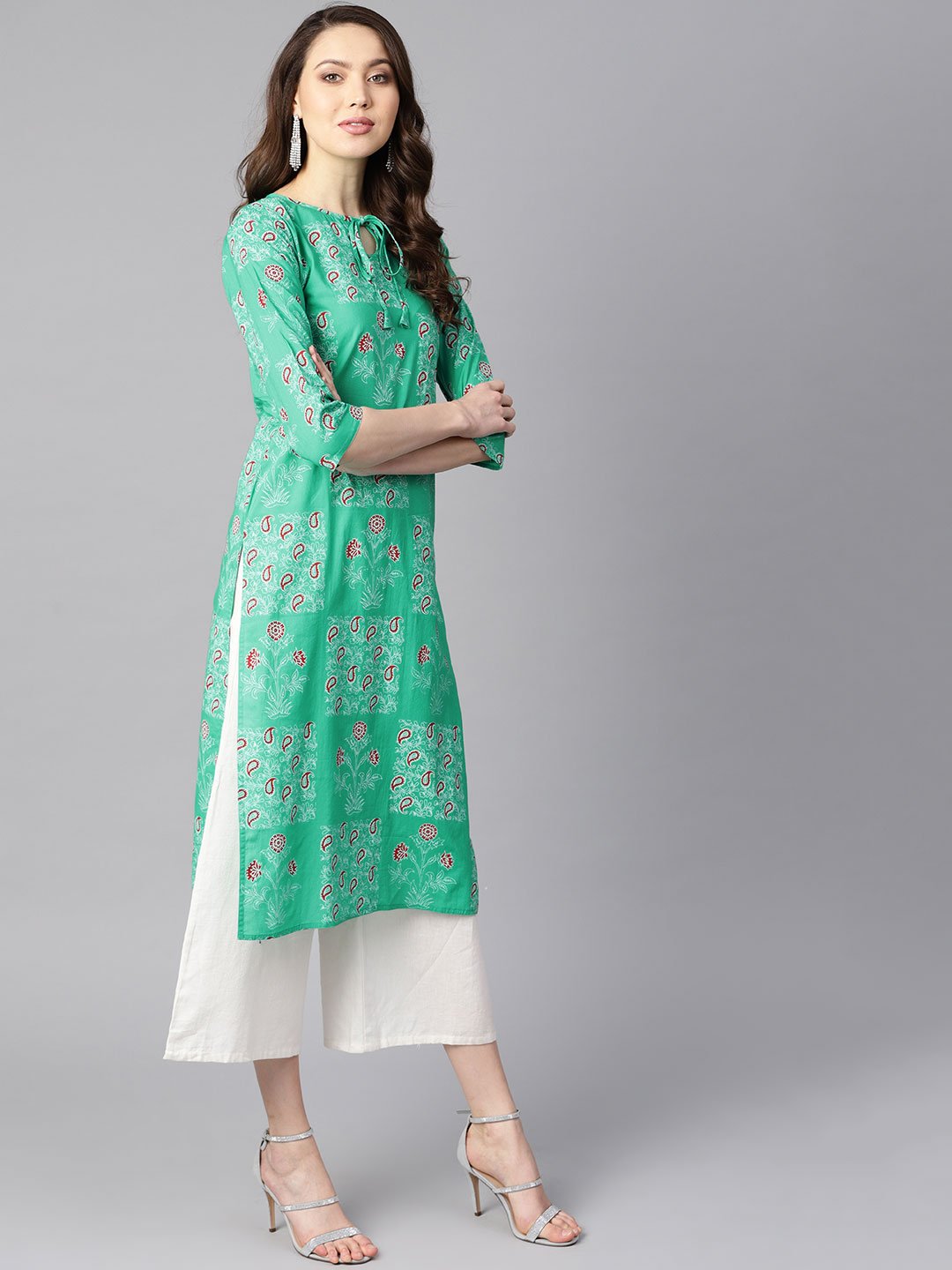 Rama Green Floral Print Round Neck With Keyhole Tassel Kurta | LASVINI - Redefining Indian Fashion with Elegance