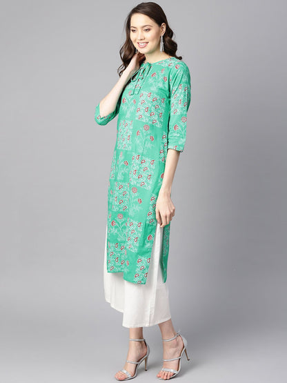 Rama Green Floral Print Round Neck With Keyhole Tassel Kurta | LASVINI - Redefining Indian Fashion with Elegance