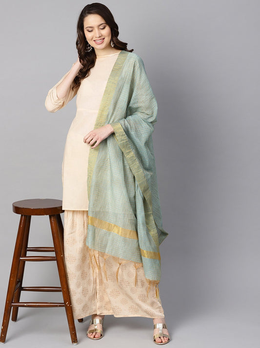 Cream 3/4Th Sleeve Kurta Set With Gold Printed Sharara & Powder Blue Checked Dupatta | LASVINI - Redefining Indian Fashion with Elegance