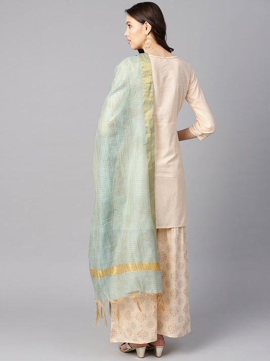 Cream 3/4Th Sleeve Kurta Set With Gold Printed Sharara & Powder Blue Checked Dupatta | LASVINI - Redefining Indian Fashion with Elegance