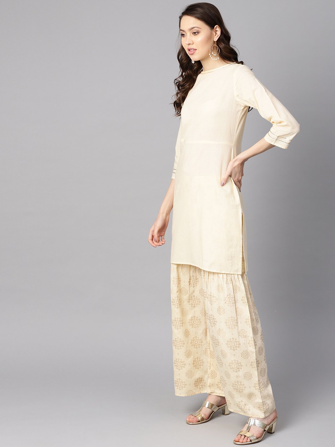 Cream 3/4Th Sleeve Kurta Set With Gold Printed Sharara & Powder Blue Checked Dupatta | LASVINI - Redefining Indian Fashion with Elegance