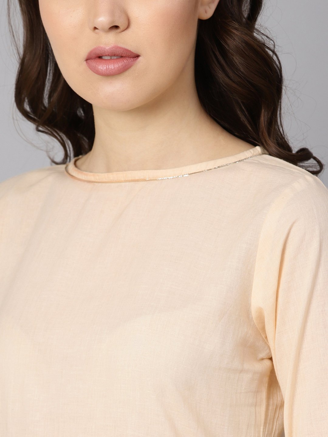 Cream 3/4Th Sleeve Kurta Set With Gold Printed Sharara & Powder Blue Checked Dupatta | LASVINI - Redefining Indian Fashion with Elegance