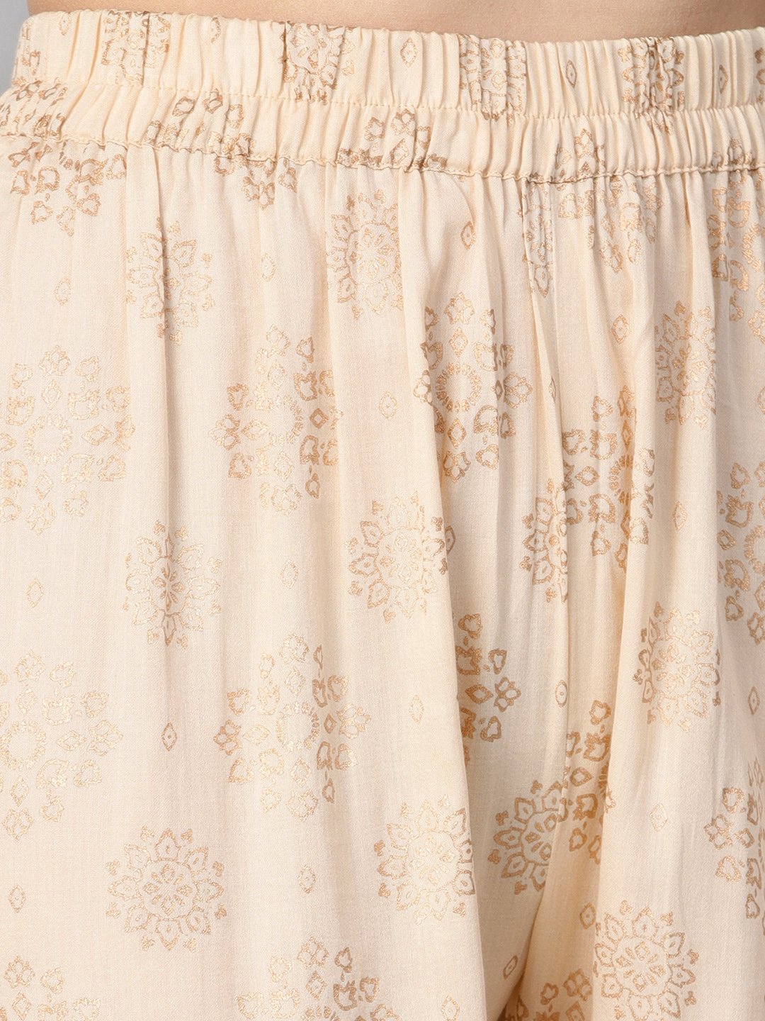 Cream 3/4Th Sleeve Kurta Set With Gold Printed Sharara & Powder Blue Checked Dupatta | LASVINI - Redefining Indian Fashion with Elegance