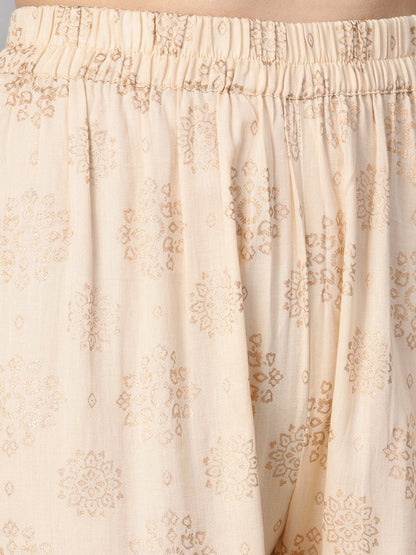 Cream 3/4Th Sleeve Kurta Set With Gold Printed Sharara & Powder Blue Checked Dupatta | LASVINI - Redefining Indian Fashion with Elegance