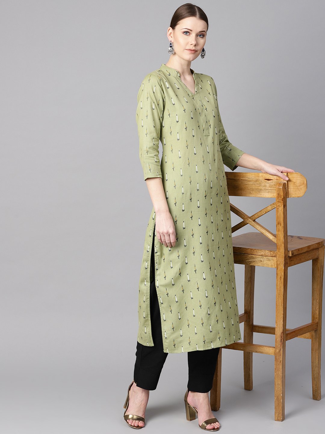 Green Ikat Printed 3/4Th Sleeve Kurta With Solid Black Pants | LASVINI - Redefining Indian Fashion with Elegance