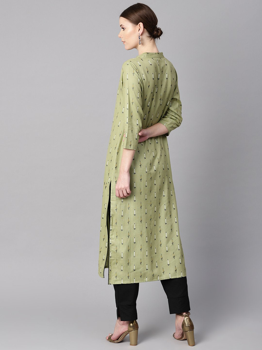 Green Ikat Printed 3/4Th Sleeve Kurta With Solid Black Pants | LASVINI - Redefining Indian Fashion with Elegance