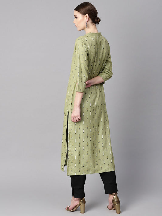 Green Ikat Printed 3/4Th Sleeve Kurta With Solid Black Pants | LASVINI - Redefining Indian Fashion with Elegance