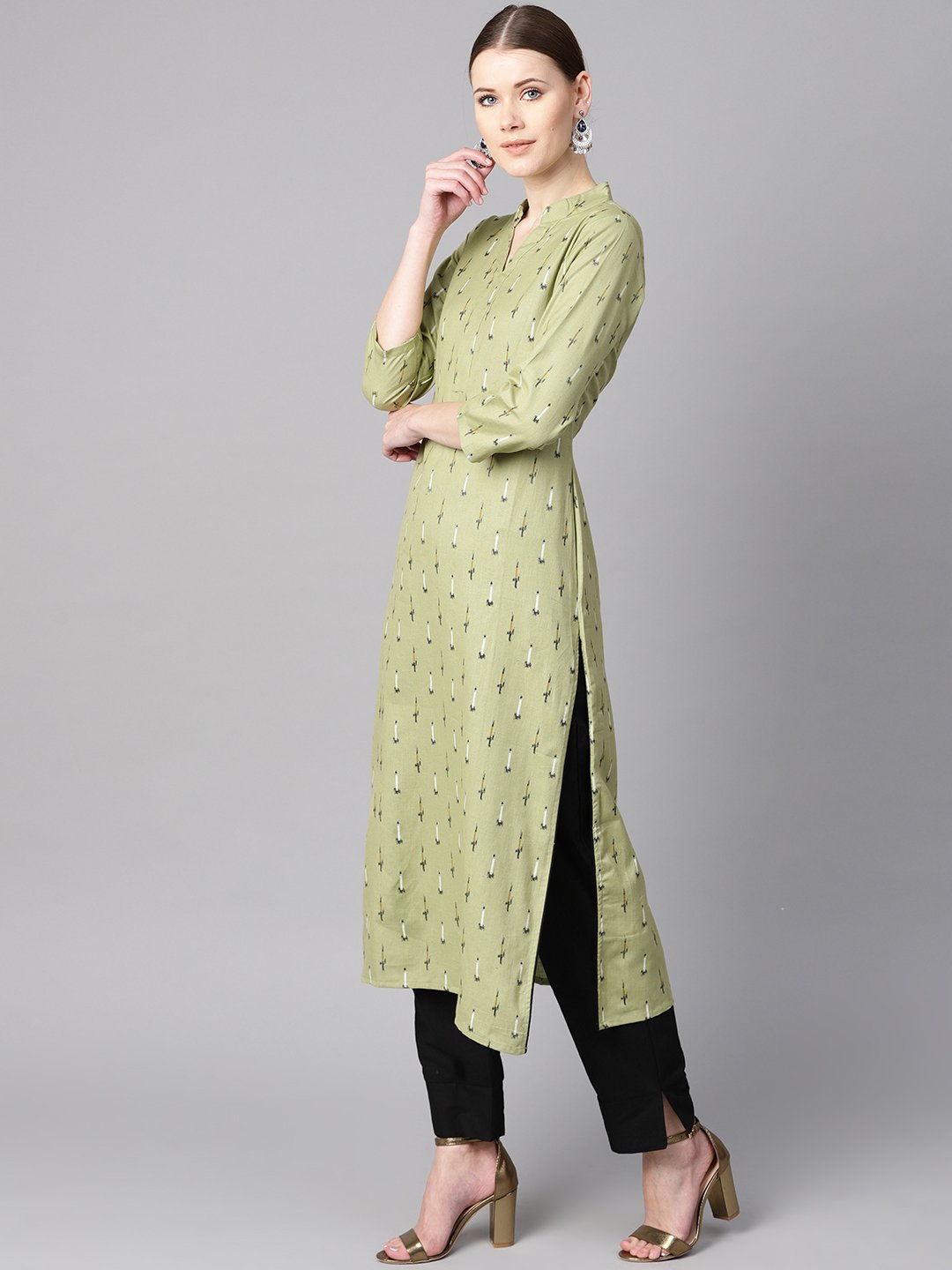 Green Ikat Printed 3/4Th Sleeve Kurta With Solid Black Pants | LASVINI - Redefining Indian Fashion with Elegance