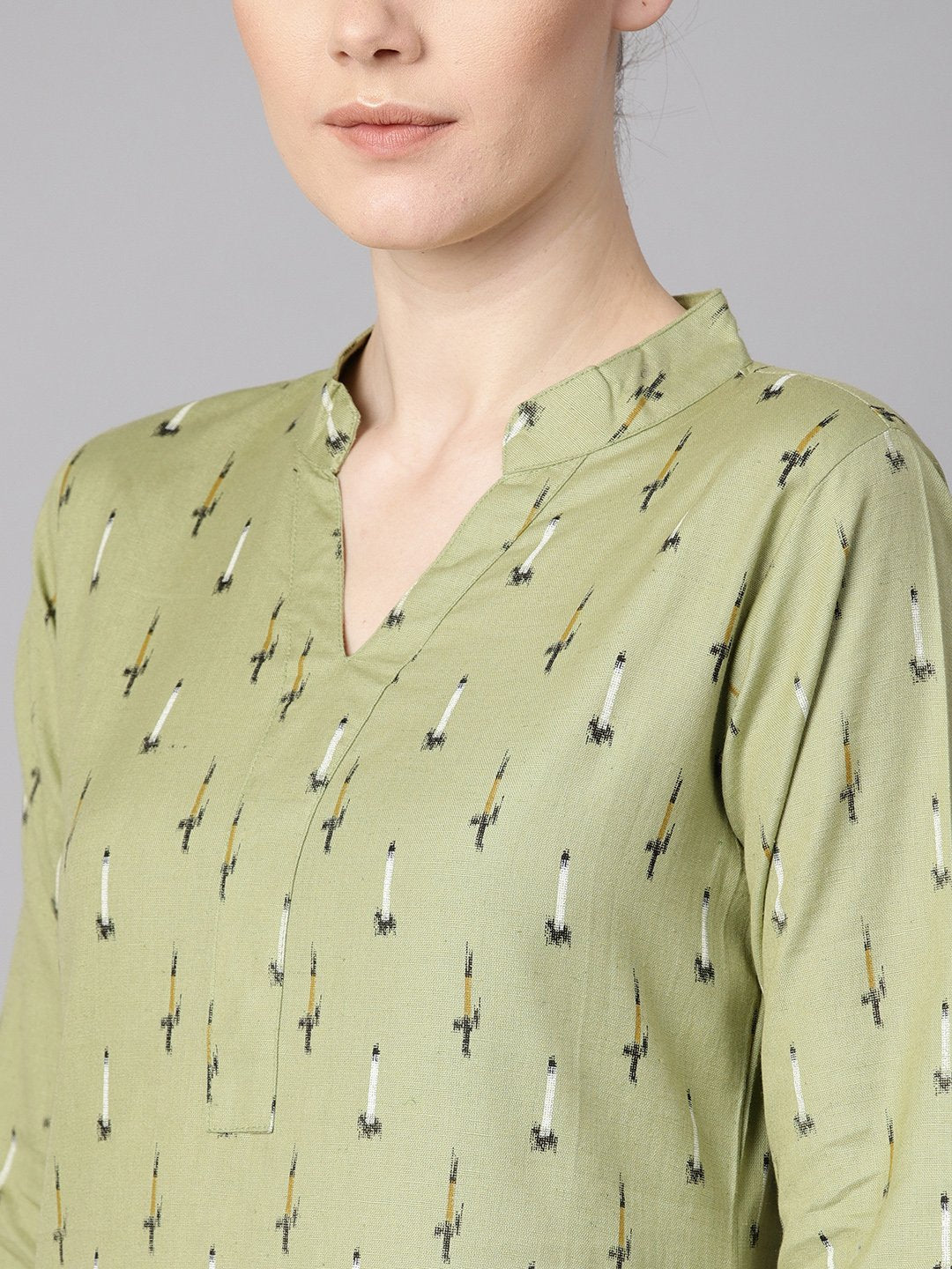 Green Ikat Printed 3/4Th Sleeve Kurta With Solid Black Pants | LASVINI - Redefining Indian Fashion with Elegance