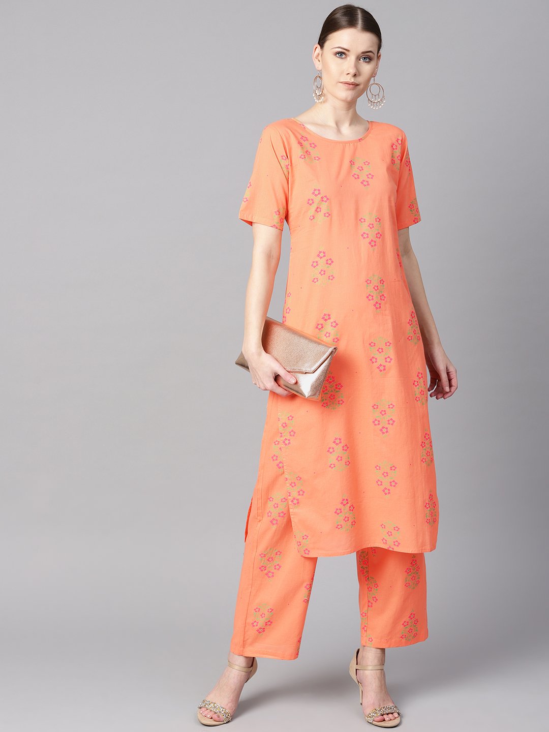 Peach Floral Sort Printed Kurta Set With Printed Pants | LASVINI - Redefining Indian Fashion with Elegance