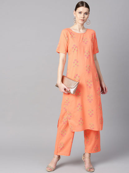 Peach Floral Sort Printed Kurta Set With Printed Pants | LASVINI - Redefining Indian Fashion with Elegance