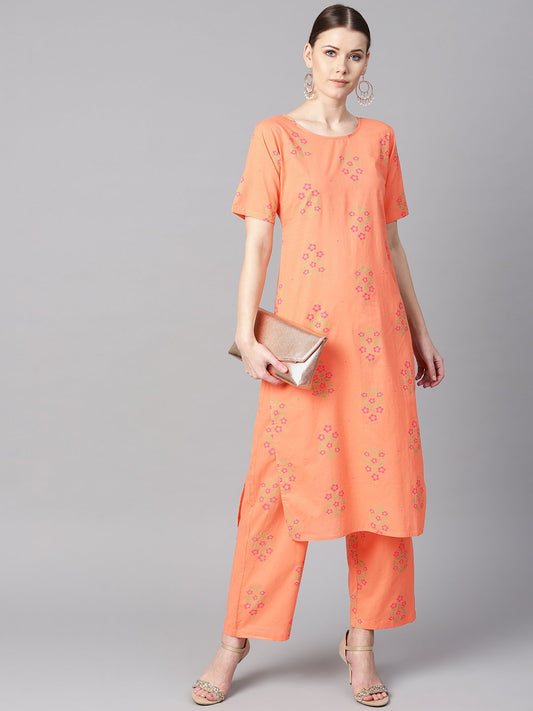 Peach Floral Sort Printed Kurta Set With Printed Pants | LASVINI - Redefining Indian Fashion with Elegance