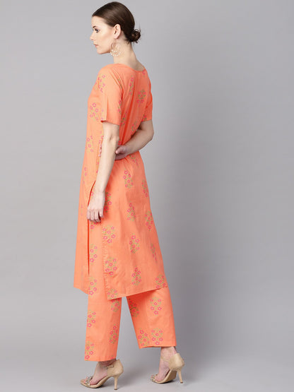 Peach Floral Sort Printed Kurta Set With Printed Pants | LASVINI - Redefining Indian Fashion with Elegance