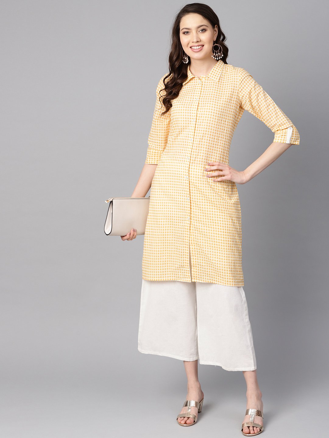 Yellow & White Checked Kurta With Shirt Collar & 3/4 Sleeves | LASVINI - Redefining Indian Fashion with Elegance