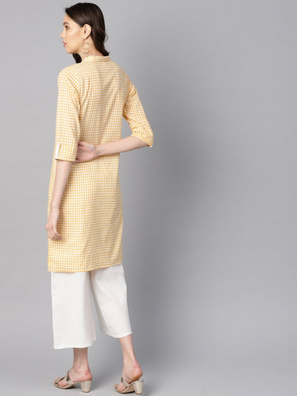 Yellow & White Checked Kurta With Shirt Collar & 3/4 Sleeves | LASVINI - Redefining Indian Fashion with Elegance