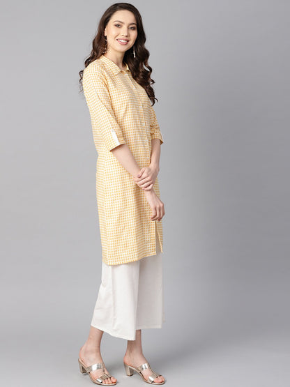 Yellow & White Checked Kurta With Shirt Collar & 3/4 Sleeves | LASVINI - Redefining Indian Fashion with Elegance