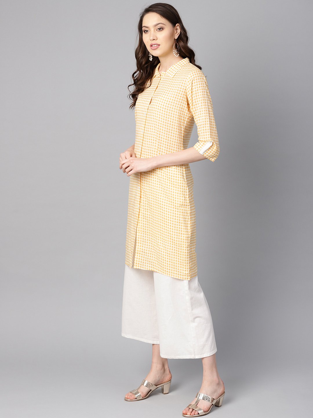 Yellow & White Checked Kurta With Shirt Collar & 3/4 Sleeves | LASVINI - Redefining Indian Fashion with Elegance