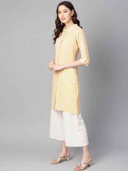 Yellow & White Checked Kurta With Shirt Collar & 3/4 Sleeves | LASVINI - Redefining Indian Fashion with Elegance