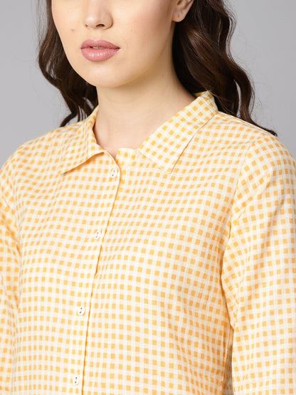 Yellow & White Checked Kurta With Shirt Collar & 3/4 Sleeves | LASVINI - Redefining Indian Fashion with Elegance