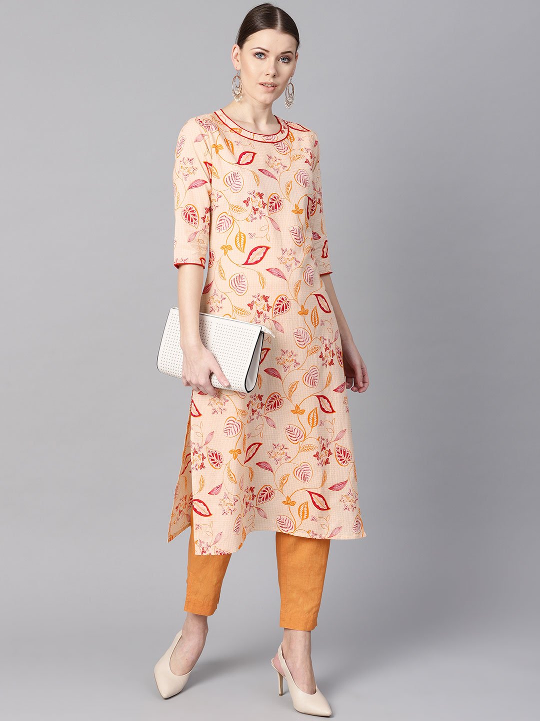 Cream Floral Printed Straight Kurta With Round Neck & 3/4 Sleeves | LASVINI - Redefining Indian Fashion with Elegance