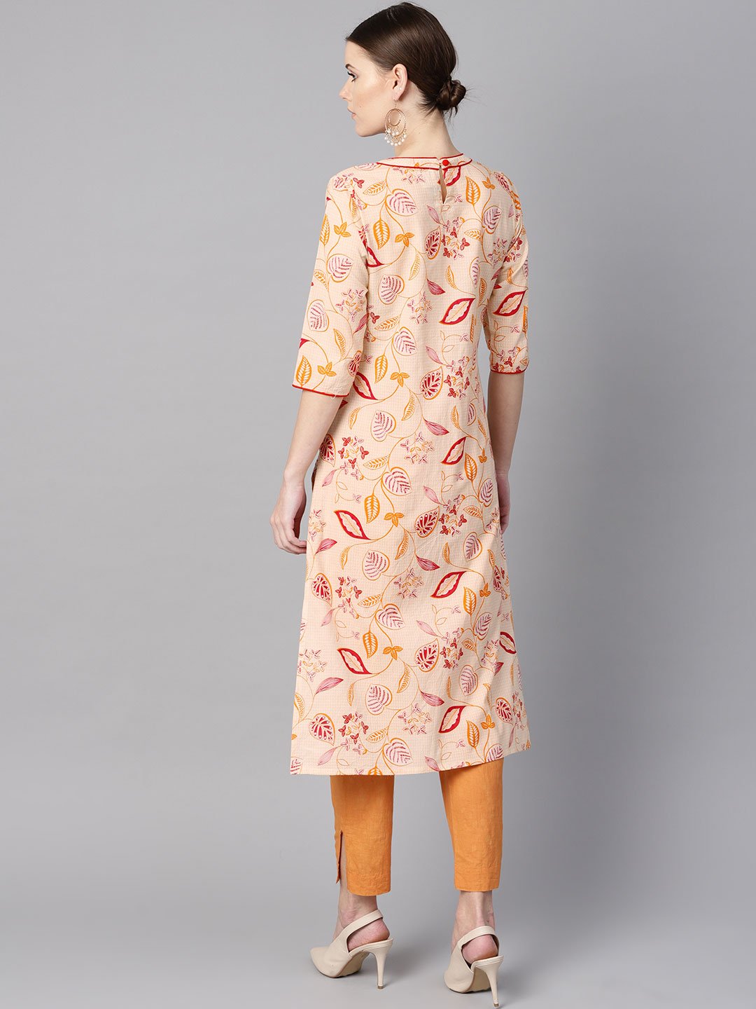 Cream Floral Printed Straight Kurta With Round Neck & 3/4 Sleeves | LASVINI - Redefining Indian Fashion with Elegance