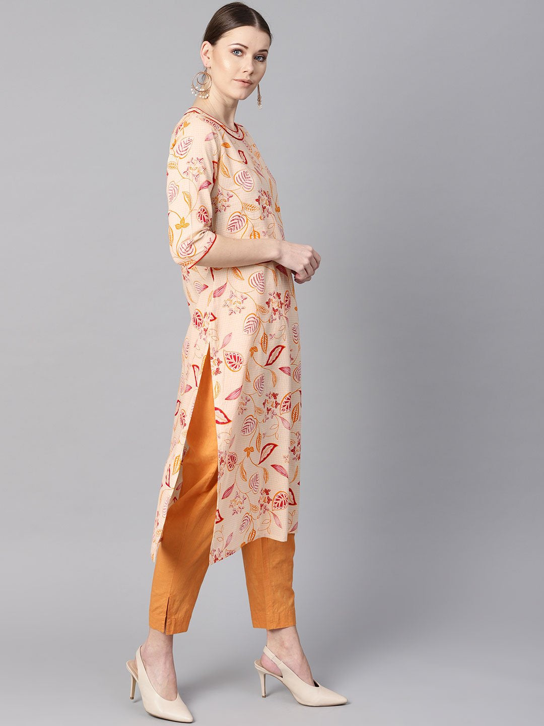 Cream Floral Printed Straight Kurta With Round Neck & 3/4 Sleeves | LASVINI - Redefining Indian Fashion with Elegance