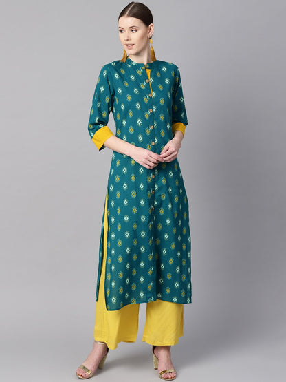 Women Teal Printed Straight Kurta | LASVINI - Redefining Indian Fashion with Elegance