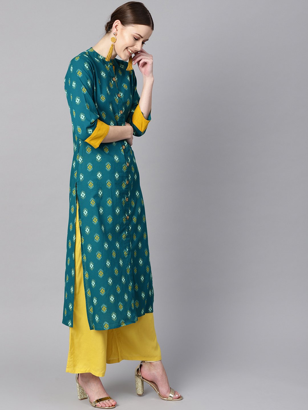 Women Teal Printed Straight Kurta | LASVINI - Redefining Indian Fashion with Elegance