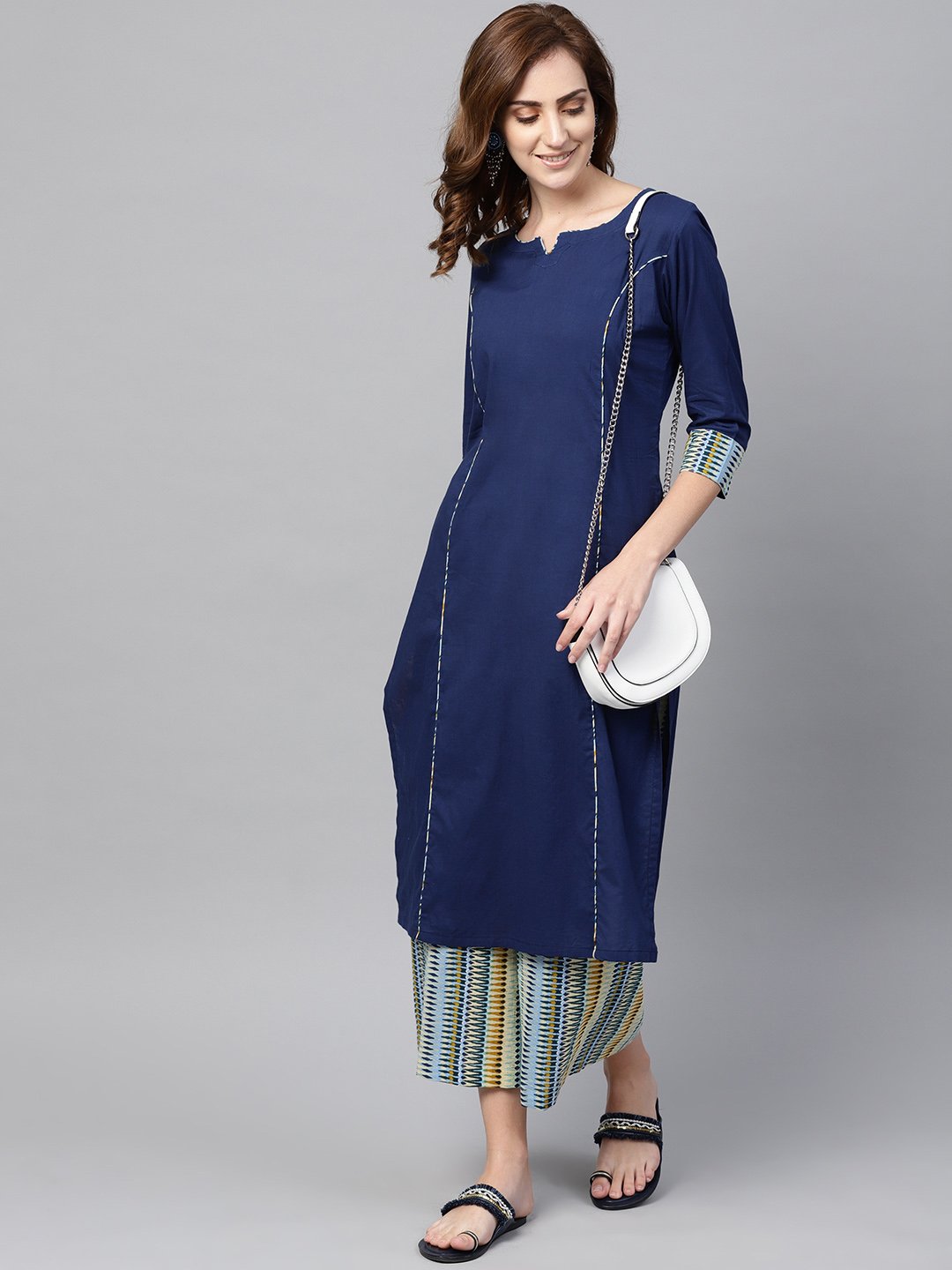 Navy Blue Kurta Set With Cream Multi Colored Culottes | LASVINI - Redefining Indian Fashion with Elegance