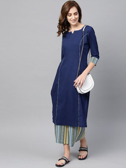 Navy Blue Kurta Set With Cream Multi Colored Culottes | LASVINI - Redefining Indian Fashion with Elegance