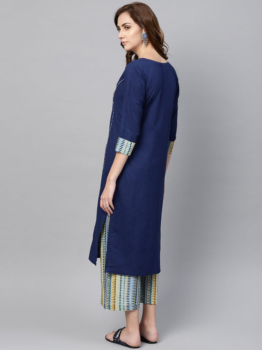 Navy Blue Kurta Set With Cream Multi Colored Culottes | LASVINI - Redefining Indian Fashion with Elegance