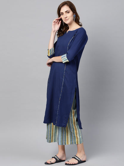 Navy Blue Kurta Set With Cream Multi Colored Culottes | LASVINI - Redefining Indian Fashion with Elegance