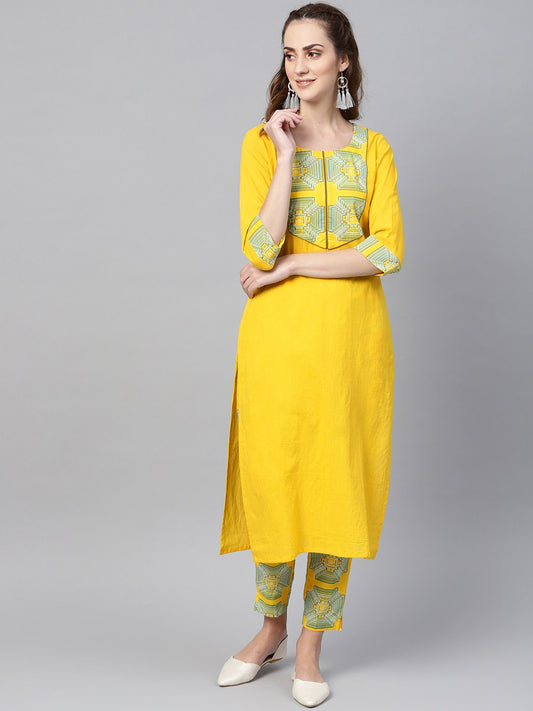 Solid Yellow Kurta Set With Front Printed Yoke & Printed Pants | LASVINI - Redefining Indian Fashion with Elegance