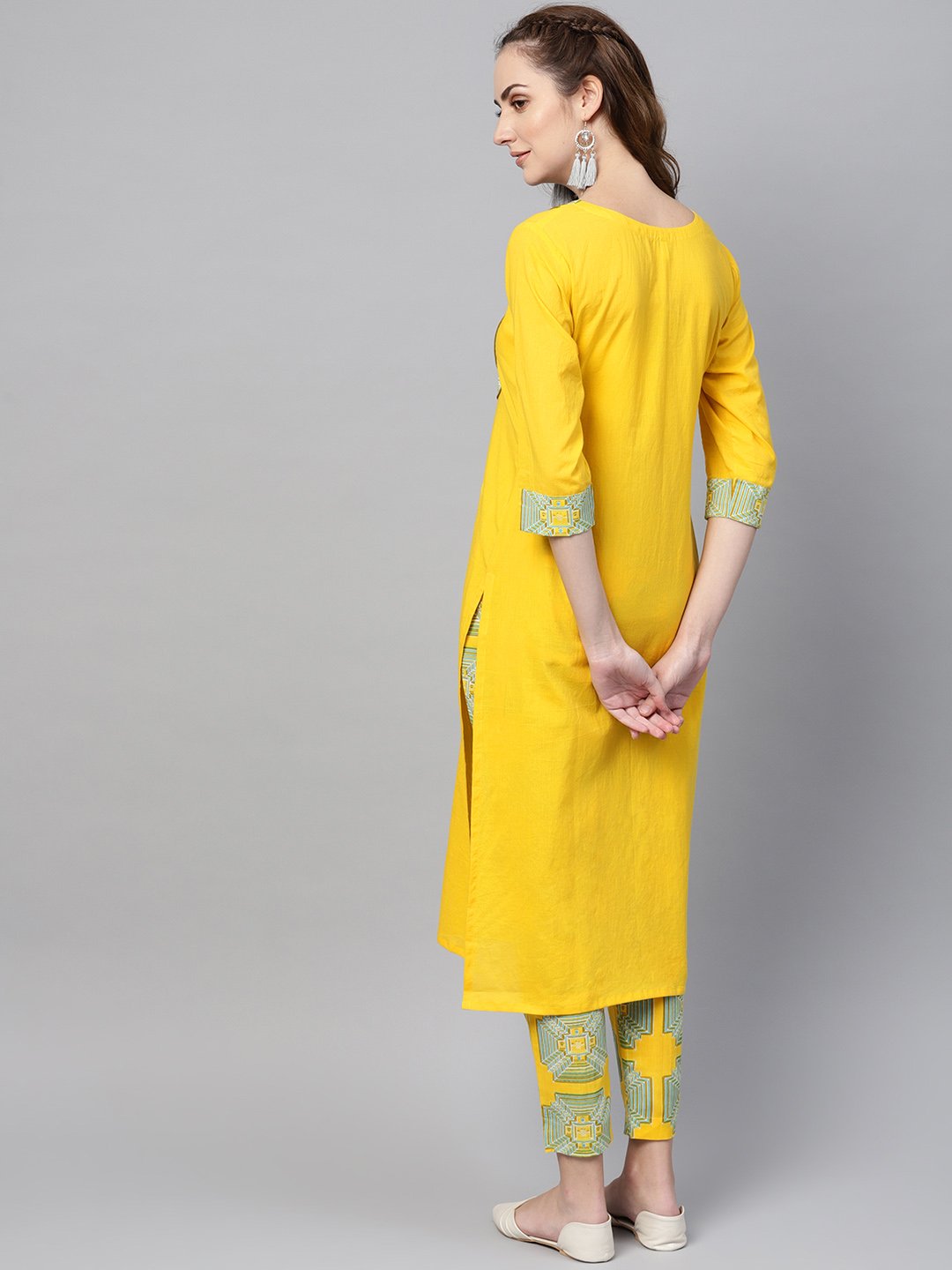 Solid Yellow Kurta Set With Front Printed Yoke & Printed Pants | LASVINI - Redefining Indian Fashion with Elegance