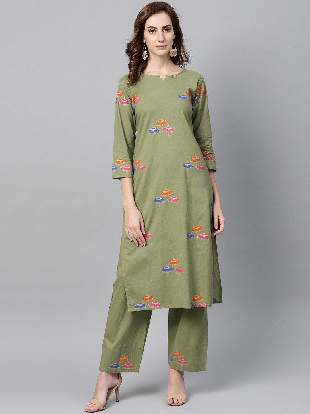 Pistachio Green 3/4Th Sleeve Printed Kurta Set With Ankle Length Printed Pants | LASVINI - Redefining Indian Fashion with Elegance