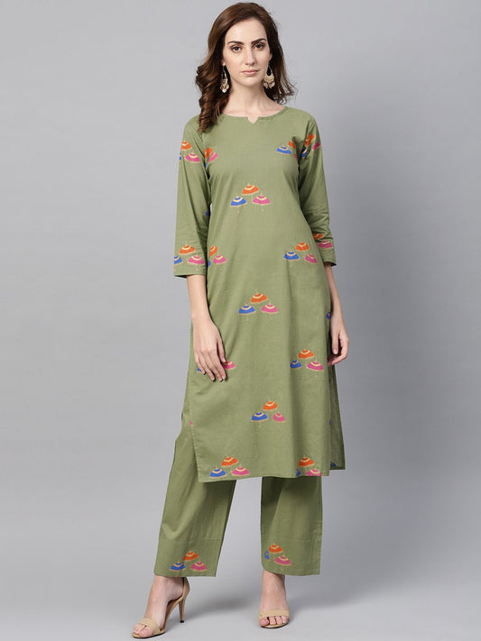 Pistachio Green 3/4Th Sleeve Printed Kurta Set With Ankle Length Printed Pants | LASVINI - Redefining Indian Fashion with Elegance