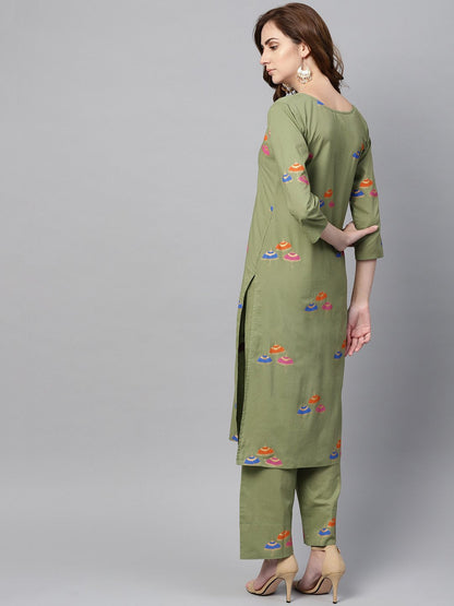 Pistachio Green 3/4Th Sleeve Printed Kurta Set With Ankle Length Printed Pants | LASVINI - Redefining Indian Fashion with Elegance
