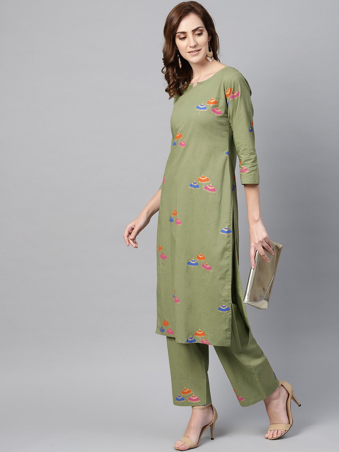 Pistachio Green 3/4Th Sleeve Printed Kurta Set With Ankle Length Printed Pants | LASVINI - Redefining Indian Fashion with Elegance