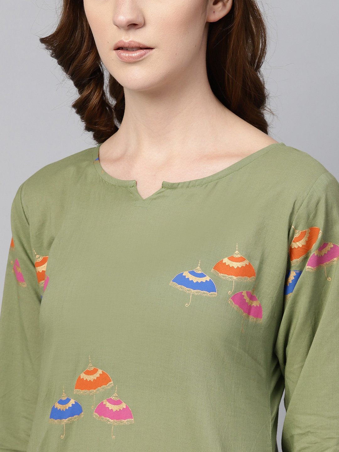 Pistachio Green 3/4Th Sleeve Printed Kurta Set With Ankle Length Printed Pants | LASVINI - Redefining Indian Fashion with Elegance