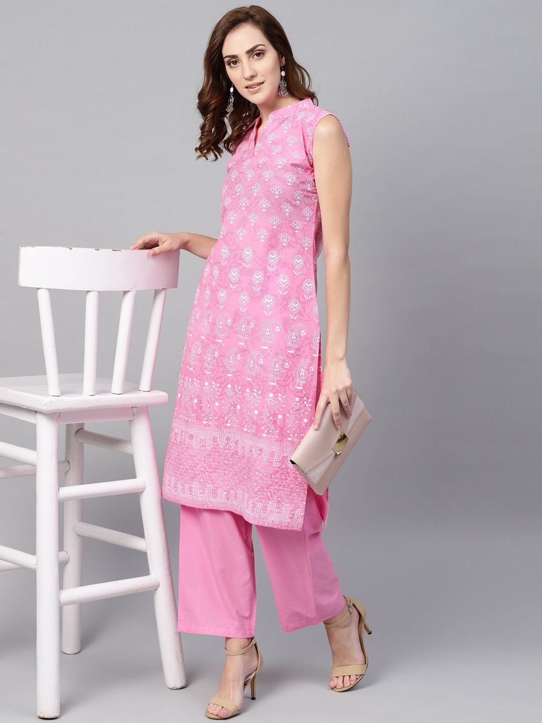 Pink Printed Sleeveless Kurta Set With Solid Pants | LASVINI - Redefining Indian Fashion with Elegance