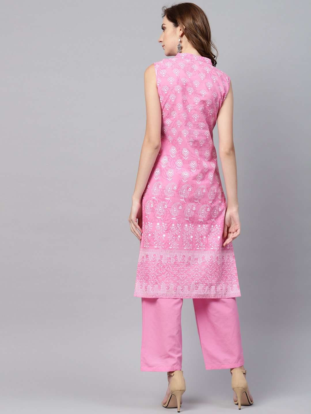 Pink Printed Sleeveless Kurta Set With Solid Pants | LASVINI - Redefining Indian Fashion with Elegance