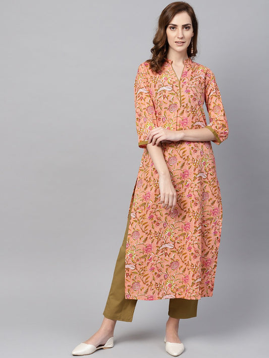 Peach Floral Printed Kurta With Solid Olive Green Pants | LASVINI - Redefining Indian Fashion with Elegance