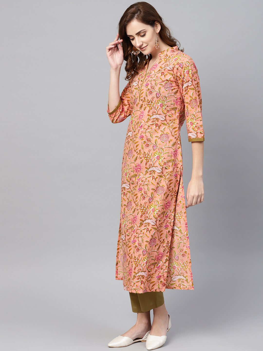Peach Floral Printed Kurta With Solid Olive Green Pants | LASVINI - Redefining Indian Fashion with Elegance