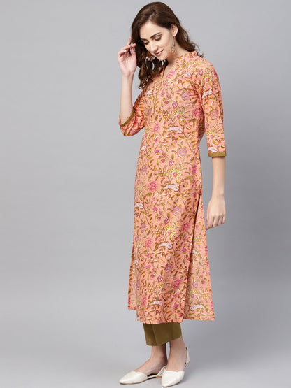 Peach Floral Printed Kurta With Solid Olive Green Pants | LASVINI - Redefining Indian Fashion with Elegance