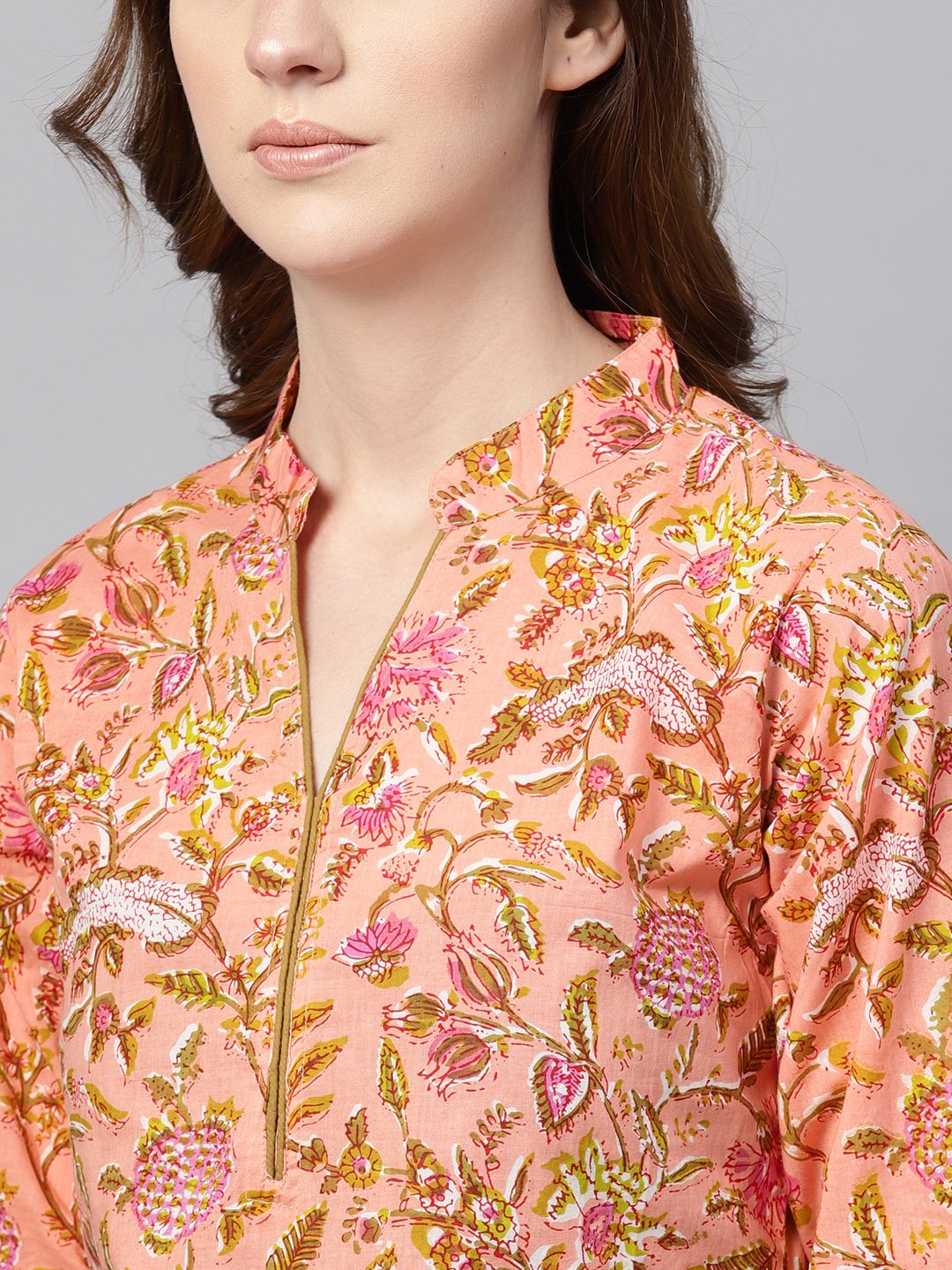 Peach Floral Printed Kurta With Solid Olive Green Pants | LASVINI - Redefining Indian Fashion with Elegance