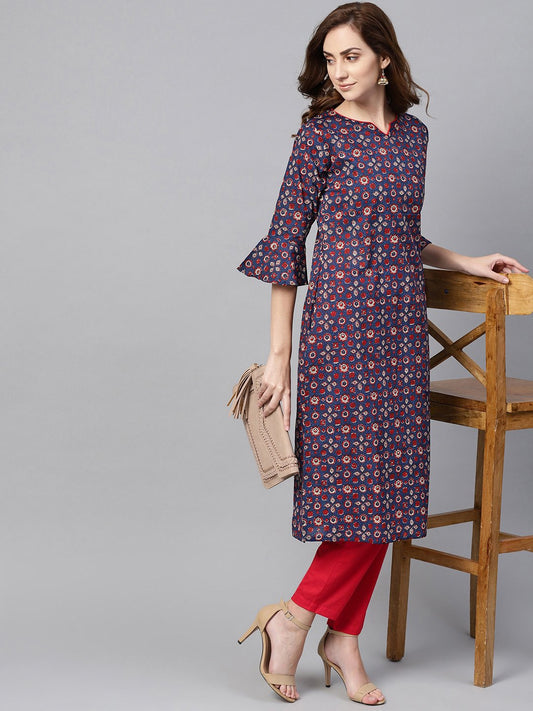 Indigo Blue Multi Colored Printed Kurta Set With Solid Red Pants | LASVINI - Redefining Indian Fashion with Elegance