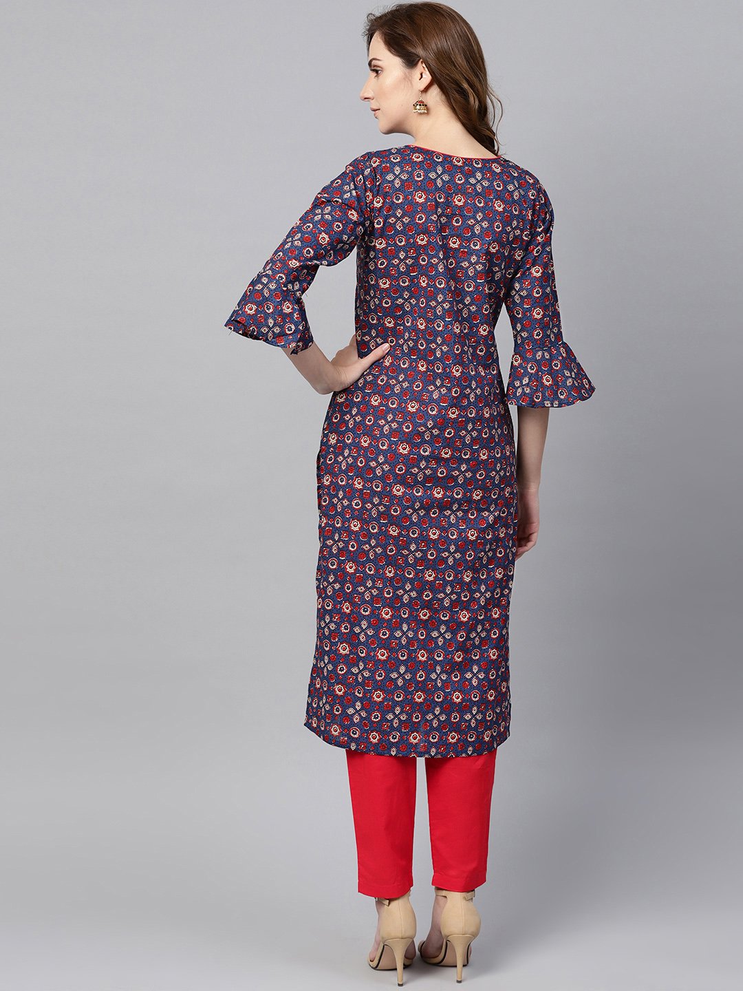 Indigo Blue Multi Colored Printed Kurta Set With Solid Red Pants | LASVINI - Redefining Indian Fashion with Elegance